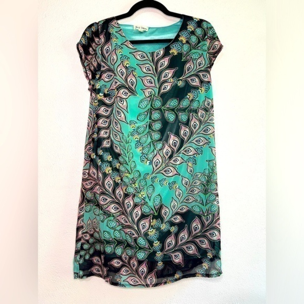 Hot & Delicious colorful dress of abstract design w/ cap sleeves, Sz M. EUC.